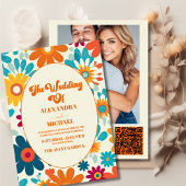 Invitation QR Code Moderne Retro 70's Daisy Mariage