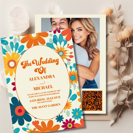 Invitation QR Code Moderne Retro 70's Daisy Mariage