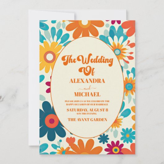 Invitation QR Code Moderne Retro 70's Daisy Mariage (Devant)