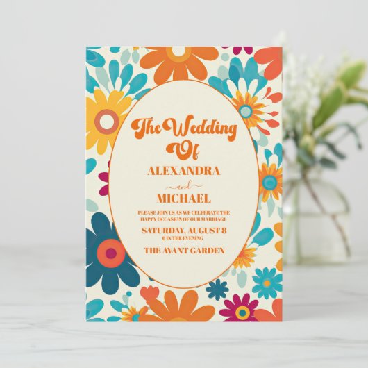 Invitation QR Code Moderne Retro 70's Daisy Mariage (Debout devant)