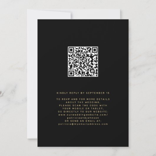 Invitation QR code moderne romantique élégant or noir mariage (Dos)