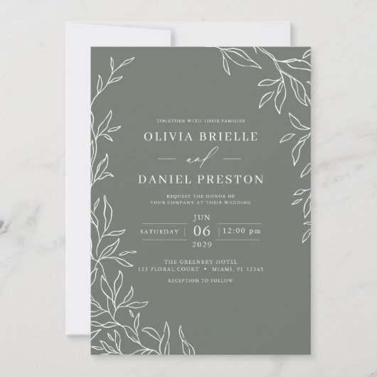 Invitation QR Code Moderne Sage Vert Minimal Mariage feuille (Devant)