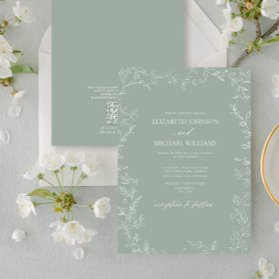 Invitation QR Code Moderne Sage Vert Minimal Mariage feuille