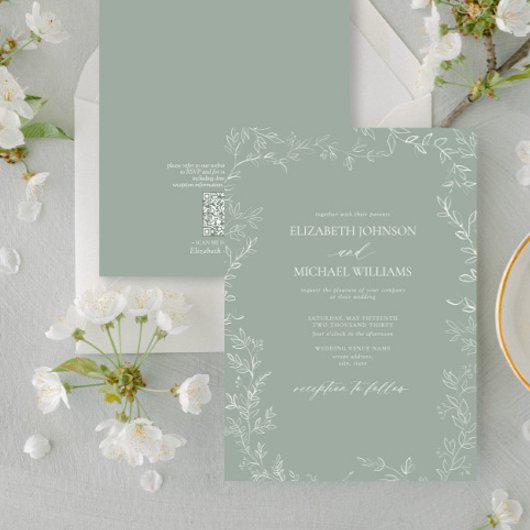 Invitation QR Code Moderne Sage Vert Minimal Mariage feuille