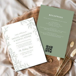 Invitation QR Code Moderne Sage Vert Minimal Mariage feuille