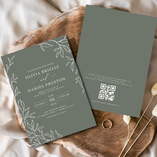Invitation QR Code Moderne Sage Vert Minimal Mariage feuille