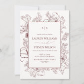 Invitation QR Code Monogram Bourgogne Floral Line Mariage (Devant)