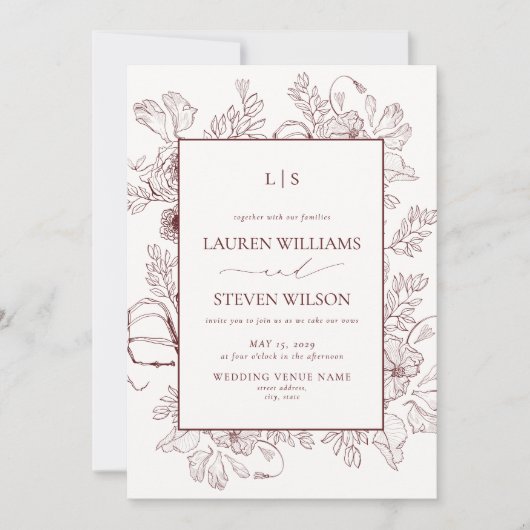 Invitation QR Code Monogram Bourgogne Floral Line Mariage (Devant)