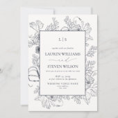 Invitation QR Code Monogramme Elégant Marine Blue Floral Line (Devant)