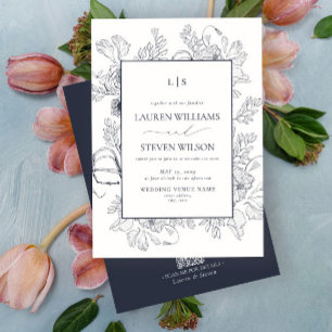 Invitation QR Code Monogramme Elégant Marine Blue Floral Line