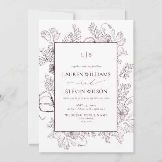 Invitation QR Code Monogramme Élégant violet Mariage floral (Devant)