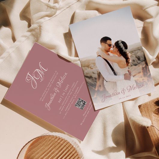 Invitation QR Code Monogramme Script Dusty Rose Mariage photo