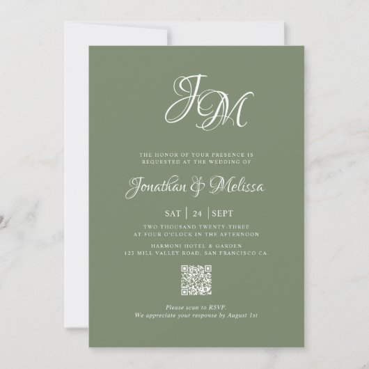 Invitation QR Code Monogramme Script Sage Green Photo Mariage (Devant)
