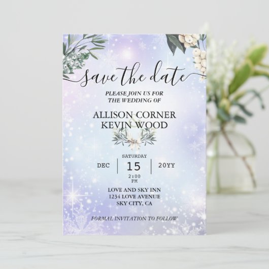 Invitation QR Code Neige Bois Végétation Mariage d'hiver (Debout devant)