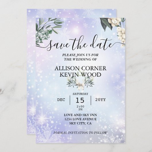 Invitation QR Code Neige Bois Végétation Mariage d'hiver (Devant / Derrière)