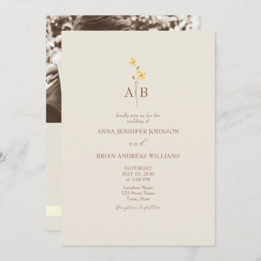 Invitation QR Code Neutral Wildflower Photo Wedding (Devant / Derrière)