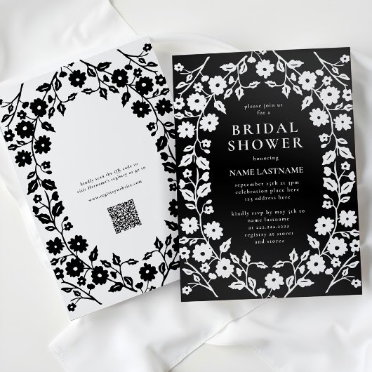 Invitation QR Code noir blanc folk Fête des mariées florale