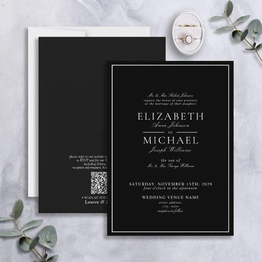 Invitation QR Code noir et blanc Mariage de script classique
