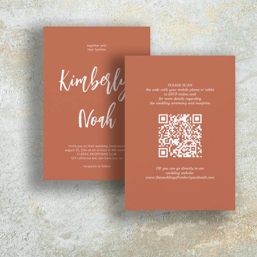 Invitation QR code noms simples script terracotta mariage