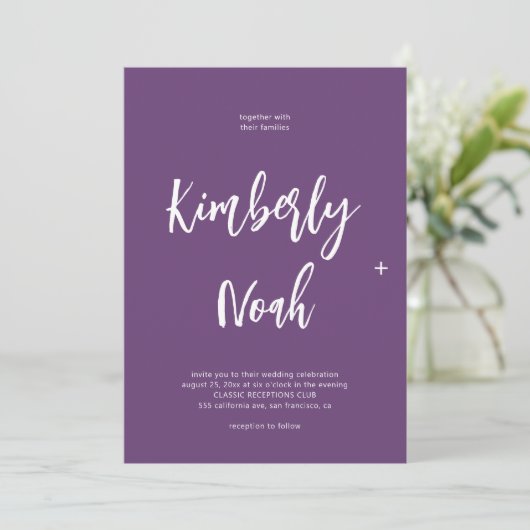 Invitation QR code noms simples script violet mariage (Debout devant)