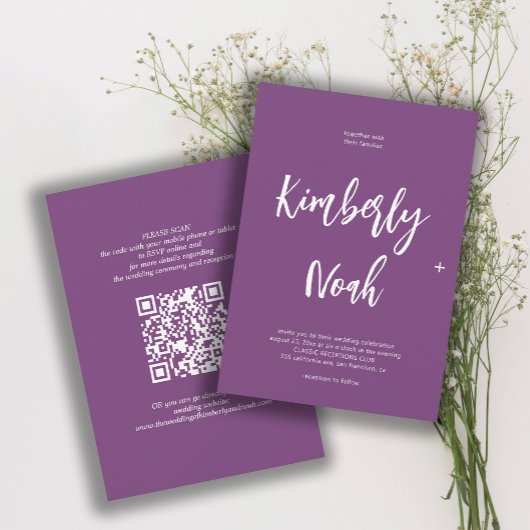 Invitation QR code noms simples script violet mariage