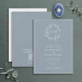 Invitation QR Code officiel Dusty Blue Leafy Crest Monogramme