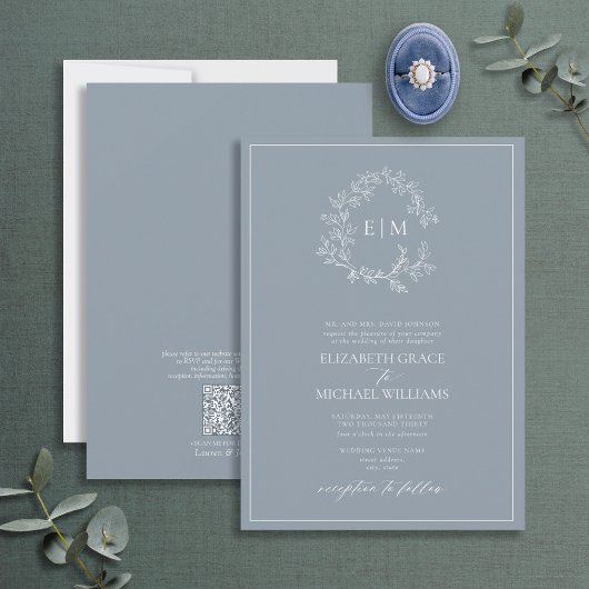 Invitation QR Code officiel Dusty Blue Leafy Crest Monogramme
