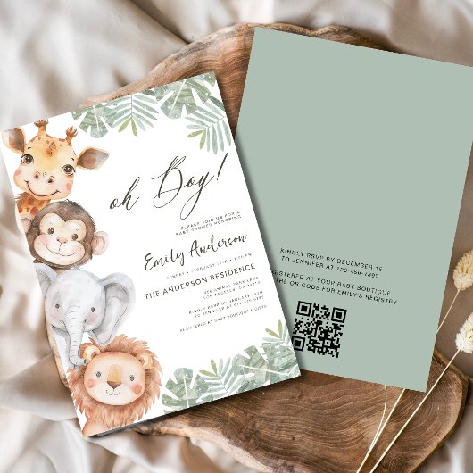 Invitation QR Code Oh Boy Safari Baby shower animal garçon