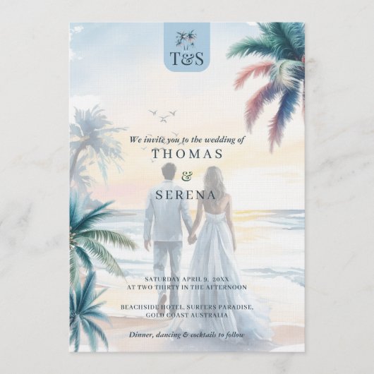 Invitation QR Code Palm Tree Beach Wedding Destination (Devant)