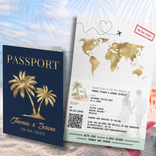 Invitation QR Code Palm Tree Passport Style Wedding