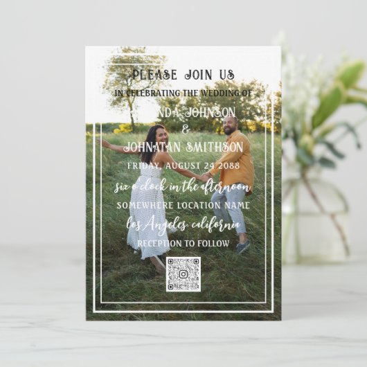 Invitation QR Code personnalisé avec photo encadré Monogram v (Debout devant)