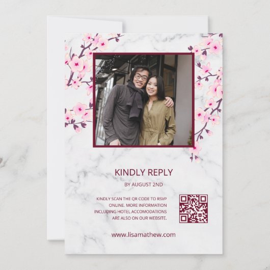 Invitation QR Code Photo Cherry Blossoms Marble Mariage (Dos)