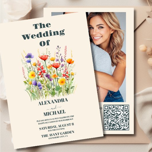 Invitation QR Code Photo Fleur sauvage Mariage Boho Pays