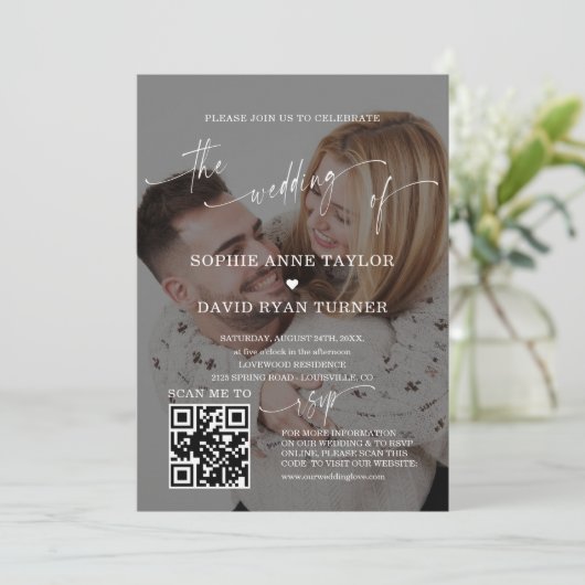 Invitation QR Code Photo Moderne Calligraphie Mariage (Debout devant)