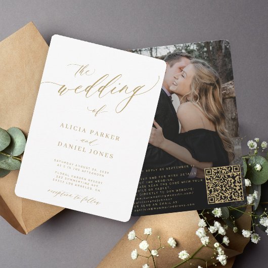 Invitation QR code photo moderne élégant mariage or