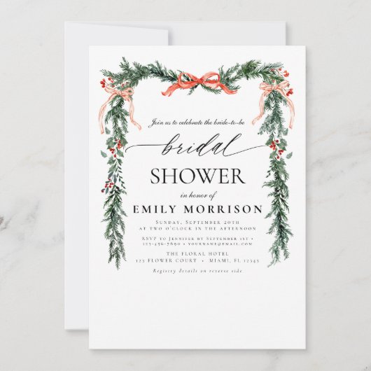 Invitation QR Code Pine Bow Christmas Bridal Shower (Devant)