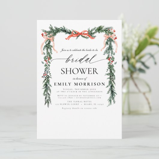 Invitation QR Code Pine Bow Christmas Bridal Shower (Debout devant)