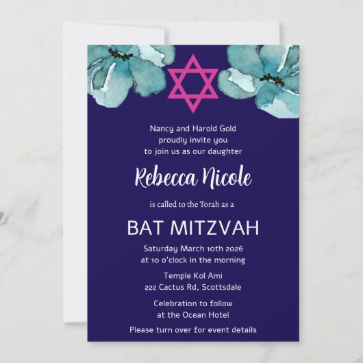 Invitation QR Code Pink Aquarelle Bat mitzvah Floral (Devant)