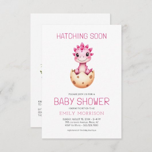 Invitation QR Code Pink Dinosaur Hatching Soon Baby Shower (Devant / Derrière)
