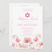 Invitation QR Code Pink Watercolor Floral Bat Mitzvah  (Devant / Derrière)