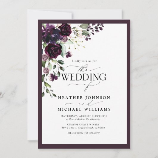 Invitation QR Code Plum Purple Floral Aquarelle Script (Devant)