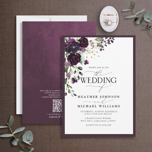Invitation QR Code Plum Purple Floral Aquarelle Script