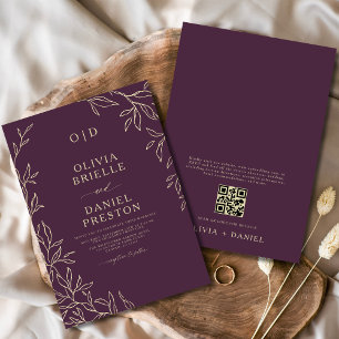 Invitation QR Code Plum Purple & Gold Minimal Mariage feuille