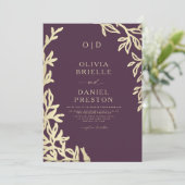 Invitation QR Code Plum Purple & Gold Minimal Mariage feuille (Debout devant)