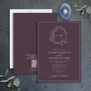 Invitation QR Code Plum Purple Leafy Crest Monogram Wedding