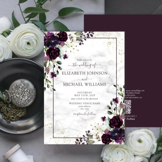 Invitation QR Code Plum Purple or Aquarelle Marbre Chute