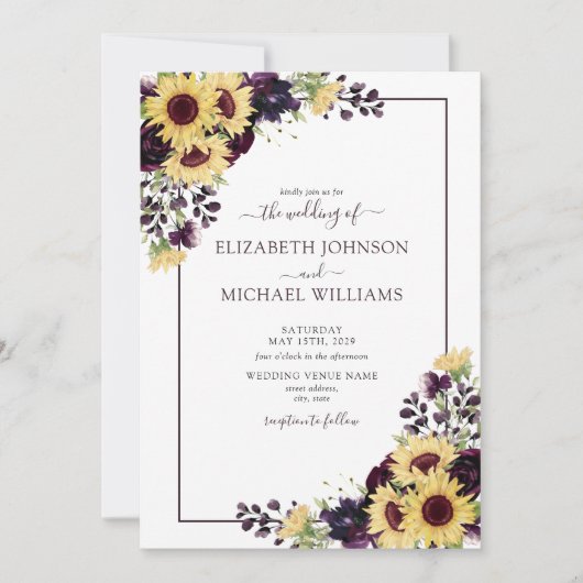Invitation QR Code Plum Purple Sunflower Aquarelle Mariage (Devant)