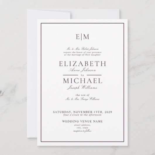 Invitation QR Code Plum violet Mariage de monogramme classiqu (Devant)