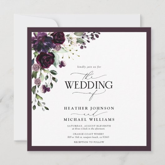 Invitation QR Code Plum violet mauve floral Aquarelle Script (Devant)