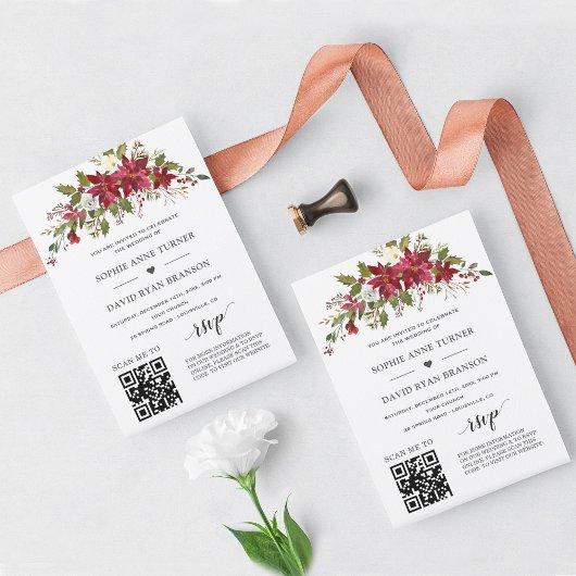 Invitation QR Code Poinsettia Floral Gold Mariage
